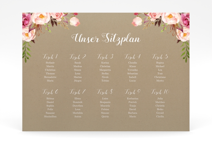 Sitzplan Poster Hochzeit Flowers 70 x 50 cm Poster Kraftpapier mit bunten Aquarell-Blumen