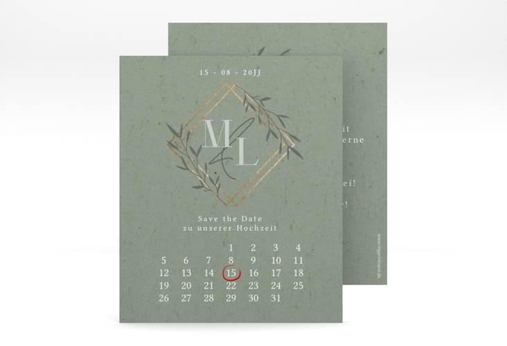 Save the Date-Kalenderblatt Greenletter Kalenderblatt-Karte mit Initialen in elegantem Goldrahmen mit Blättern