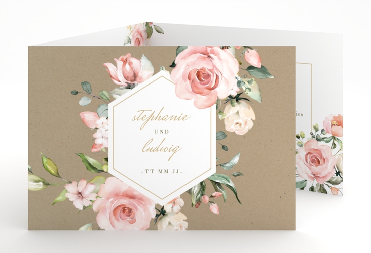 Hochzeitseinladung Graceful A6 Doppel-Klappkarte mit Rosenblüten in Rosa und Weiß