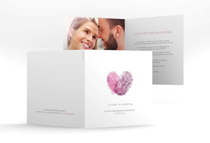 Hochzeitseinladung Fingerprint quadr. Klappkarte pink schlicht mit Fingerabdruck-Motiv