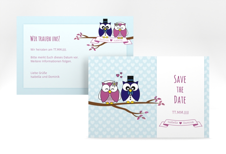 Save the Date-Karte Hochzeit Eulenliebe A6 Karte quer blau