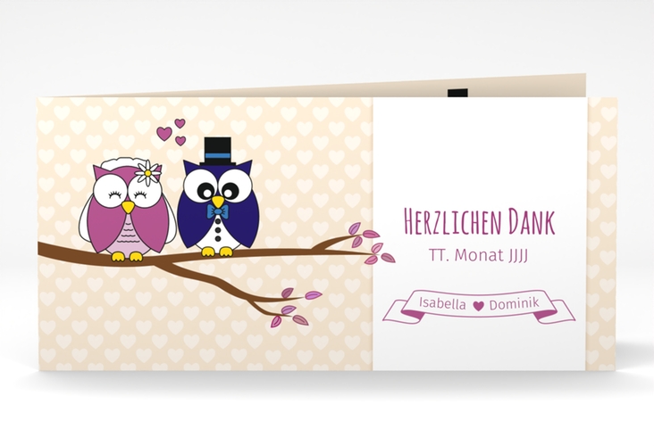 Danksagungskarte Hochzeit Eulenliebe lange Klappkarte quer beige