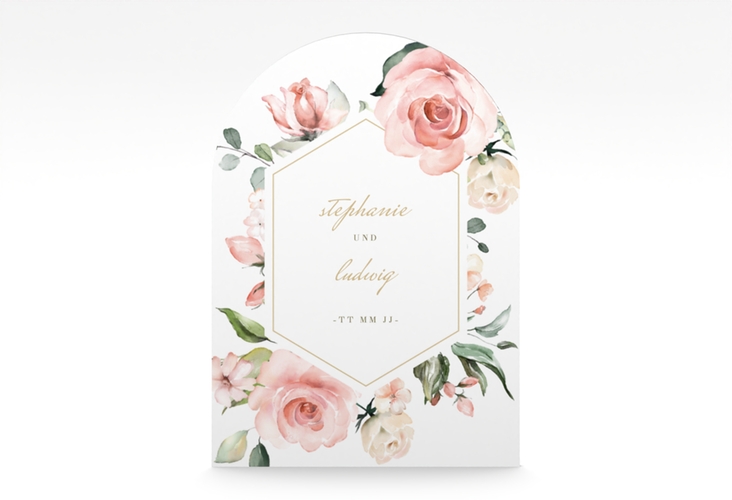 Einladungskarte Hochzeit Graceful A6 Bogen-Klappkarte + Foto weiss mit Rosenblüten in Rosa und Weiß