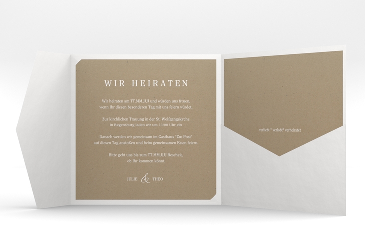 Hochzeitseinladung Mariage Pocketfold Kraftpapier mit Bogen aus weißer Spitze