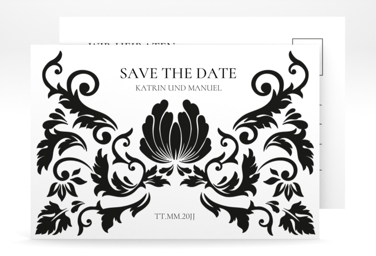 Save the Date-Postkarte Royal A6 Postkarte weiss mit barockem Blumen-Ornament