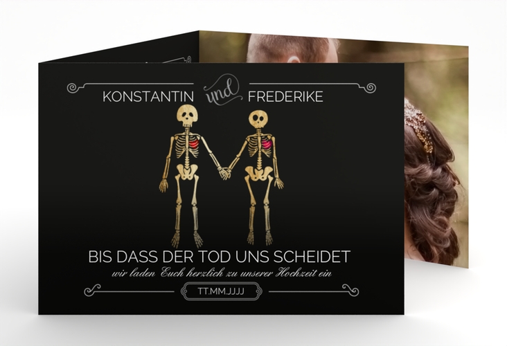 Hochzeitseinladung Bones A6 Doppel-Klappkarte schwarz