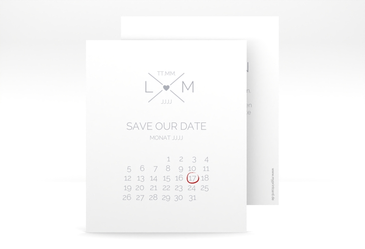 Save the Date-Kalenderblatt Initials Kalenderblatt-Karte grau mit Initialen im minimalistischen Design