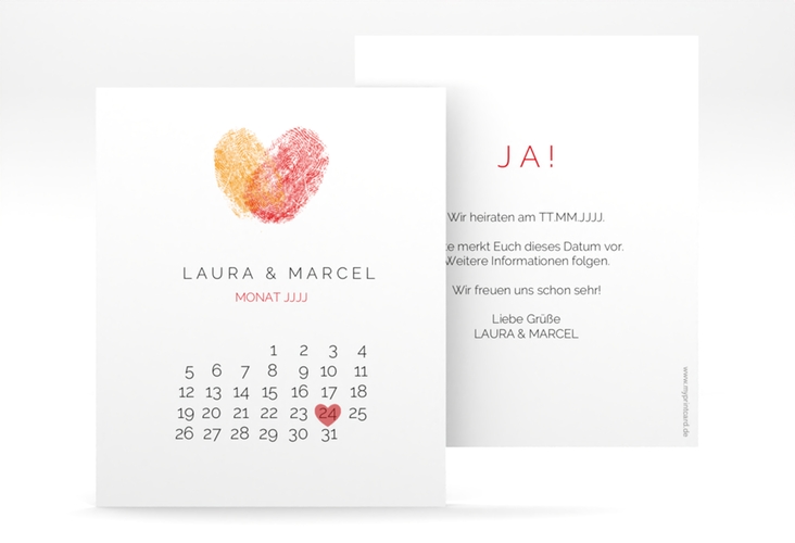 Save the Date-Kalenderblatt Fingerprint Kalenderblatt-Karte rot schlicht mit Fingerabdruck-Motiv