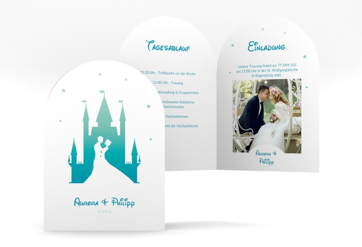 Einladungskarte Hochzeit Castle A6 Bogen-Klappkarte + Foto tuerkis hochglanz