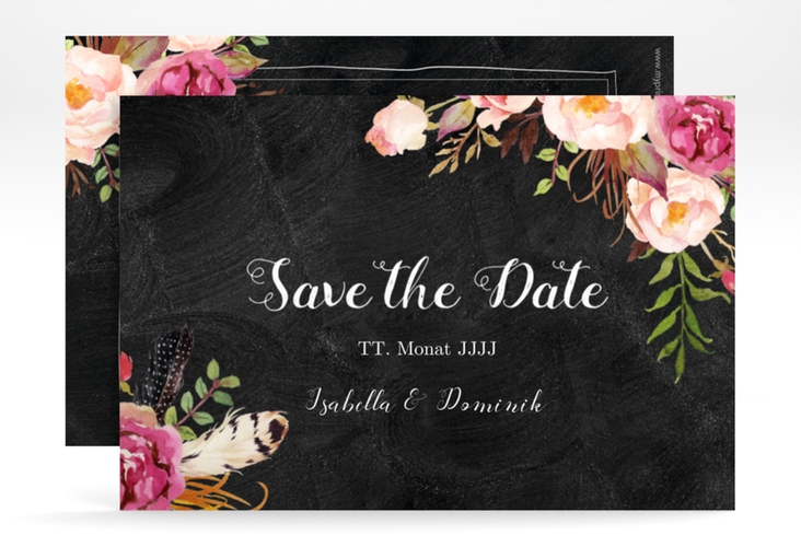 Save the Date-Karte Flowers A6 Karte quer schwarz mit bunten Aquarell-Blumen