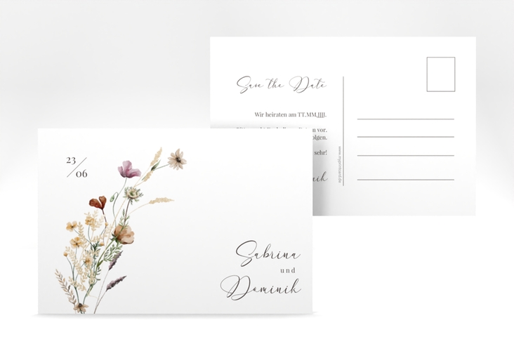 Save the Date-Postkarte Sauvages A6 Postkarte weiss hochglanz mit getrockneten Wiesenblumen