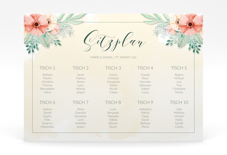 Sitzplan Poster Hochzeit Surfinia 70 x 50 cm Poster apricot