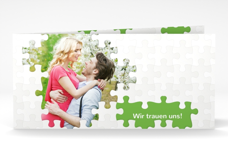 Hochzeitseinladung Puzzle lange Klappkarte quer gruen