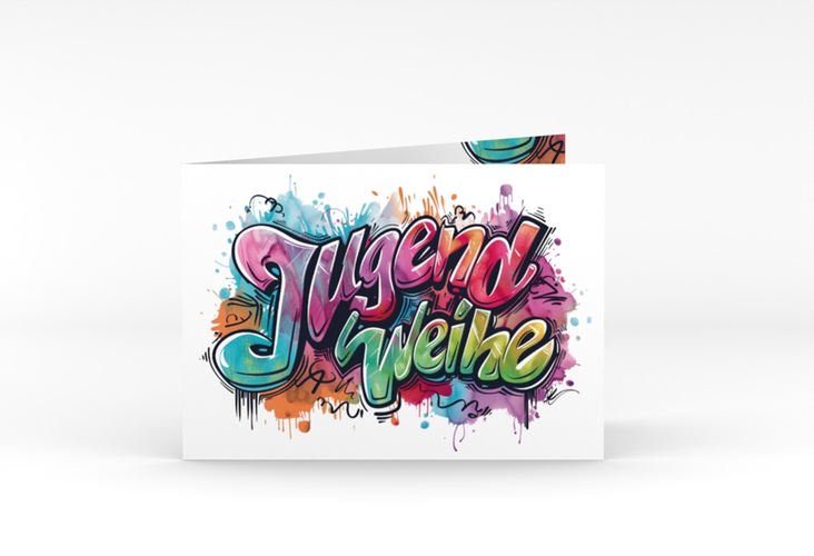 Einladungskarte Jugendweihe Stylewriting A6 Klappkarte quer hochglanz mit Graffiti-Schriftzug