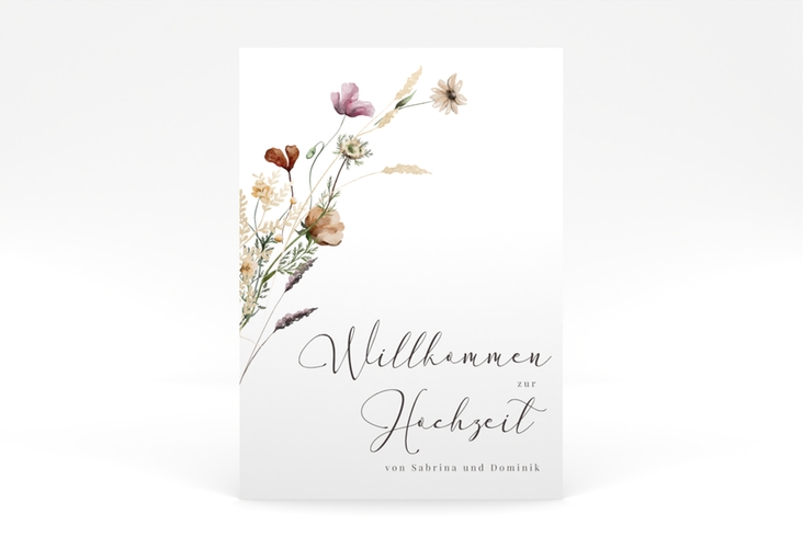 Willkommensschild Poster Sauvages 50 x 70 cm Poster weiss mit getrockneten Wiesenblumen