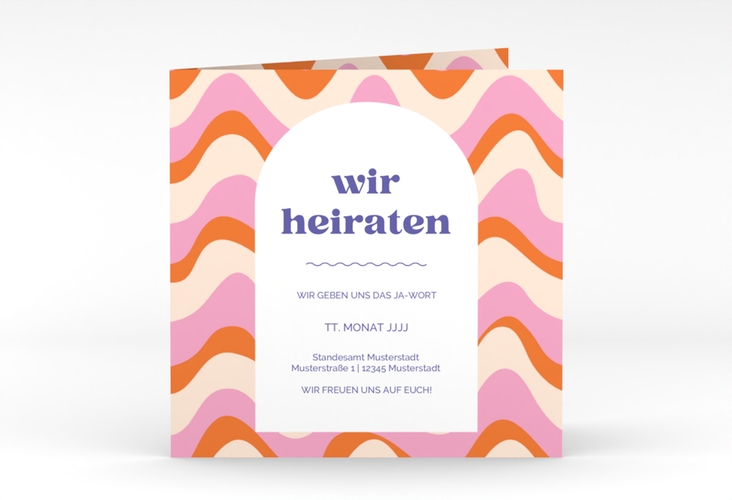 Hochzeitseinladung Retrovibes quadr. Klappkarte im 70er Jahre Psychedelic-Design