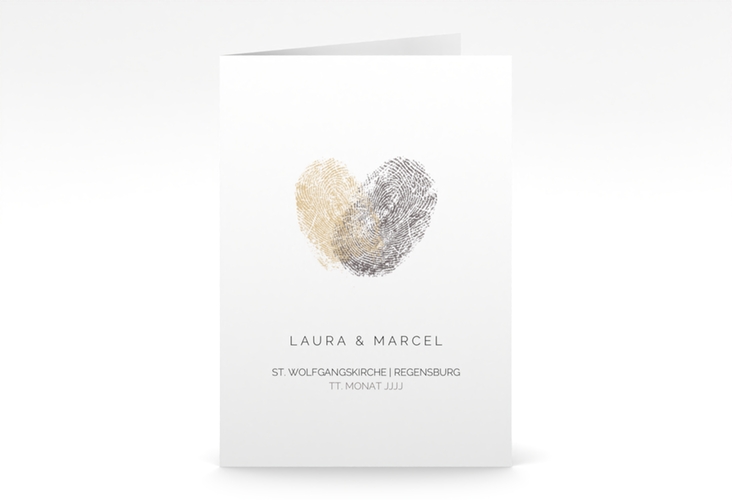 Einladungskarte Hochzeit Fingerprint A6 Klappkarte hoch beige schlicht mit Fingerabdruck-Motiv