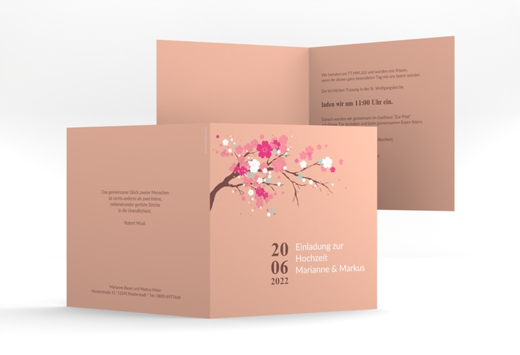 Hochzeitseinladung Sakura quadr. Klappkarte apricot