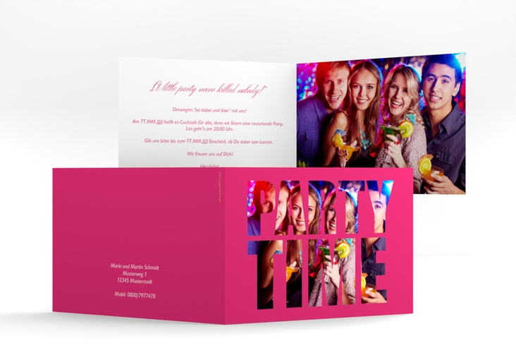 Partyeinladung Partytime A6 Klappkarte quer pink mit Foto