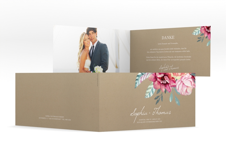 Dankeskarte HochzeitBlooming lange Klappkarte quer Kraftpapier