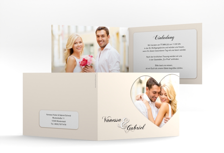 Hochzeitseinladung Sweetheart A6 Klappkarte quer beige