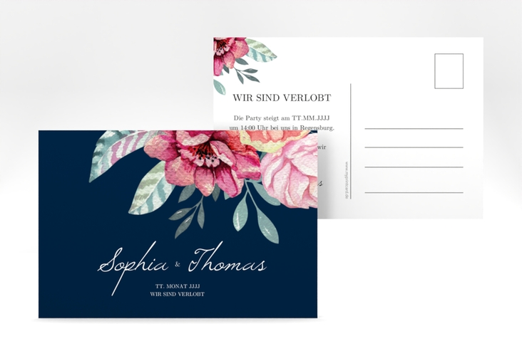 Verlobungskarte Hochzeit Blooming A6 Postkarte blau