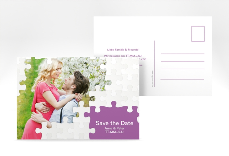 Save the Date-Postkarte Puzzle A6 Postkarte lila hochglanz