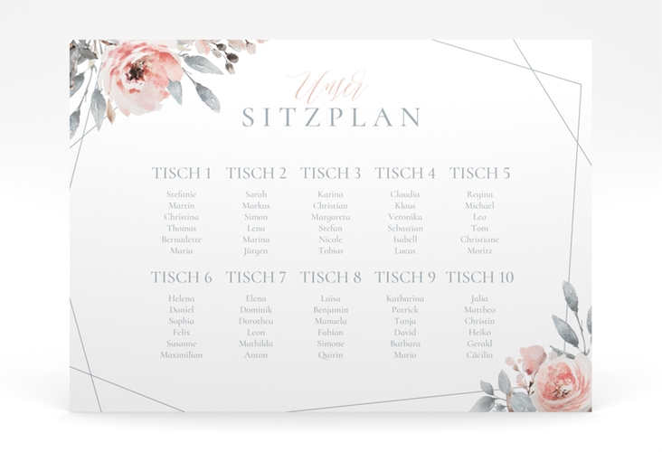 Sitzplan Poster Hochzeit Perfection 70 x 50 cm Poster weiss mit rosa Rosen