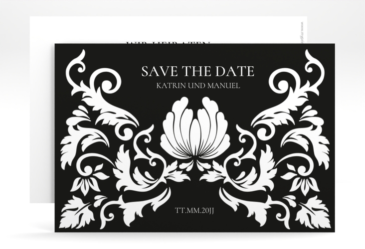 Save the Date-Karte Royal A6 Karte quer schwarz mit barockem Blumen-Ornament