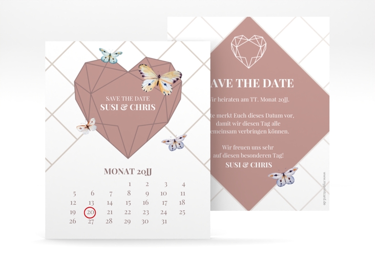 Save the Date-Kalenderblatt Butterfly Kalenderblatt-Karte weiss hochglanz mit Schmetterlingen und Herz im Geometric Design