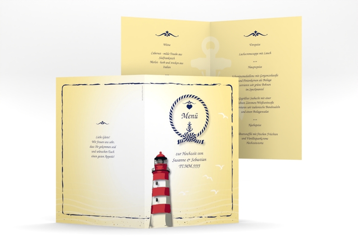 Menükarte Hochzeit Sylt A5 Klappkarte hoch gelb mit Leuchtturm