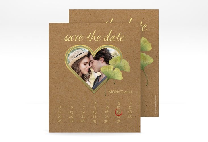 Save the Date-Kalenderblatt Ginko Kalenderblatt-Karte mit Herz und zwei Ginkgo-Blättern