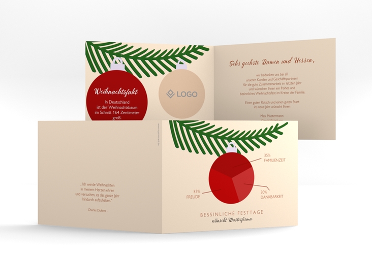 Geschäftliche Weihnachtskarte Diagramm A6 Klappkarte quer apricot hochglanz mit roter Weihnachtskugel als Tortendiagramm