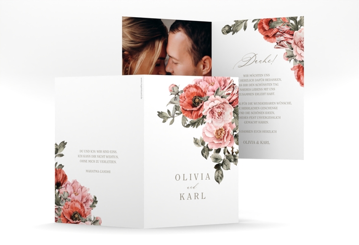 Danksagungskarte Hochzeit Grazioso A6 Klappkarte hoch modern mit Mohnblumen und Rosen