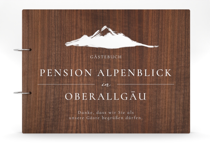 Gästebuch Holzcover Nussbaum Alpenblick Holz-Cover, bedruckt mit Berggipfel-Motiv