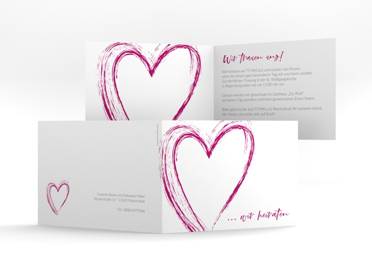 Hochzeitseinladung Liebe A6 Klappkarte quer pink