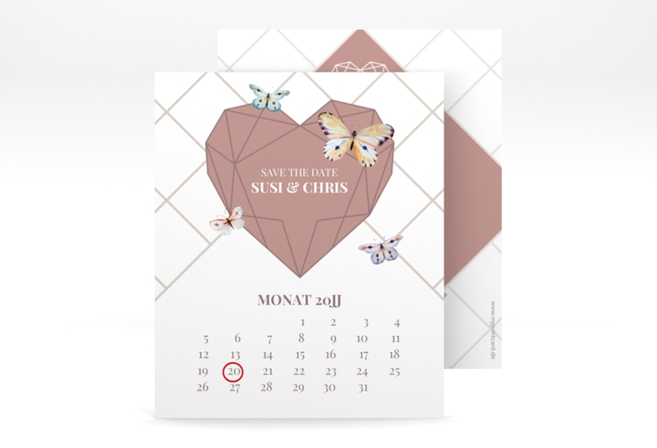 Save the Date-Kalenderblatt Butterfly Kalenderblatt-Karte mit Schmetterlingen und Herz im Geometric Design