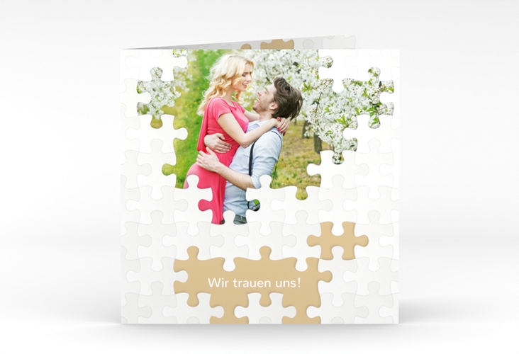 Hochzeitseinladung Puzzle quadr. Klappkarte beige