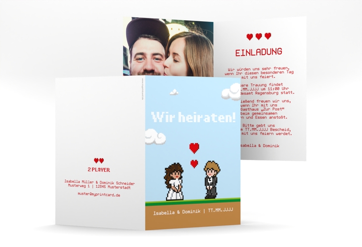 Einladungskarte Hochzeit Pixel A6 Klappkarte hoch bunt