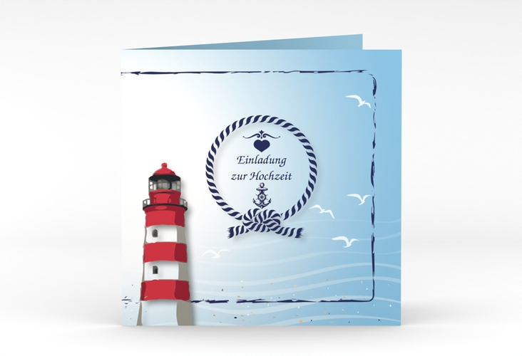 Hochzeitseinladung Sylt quadr. Klappkarte blau hochglanz mit Leuchtturm