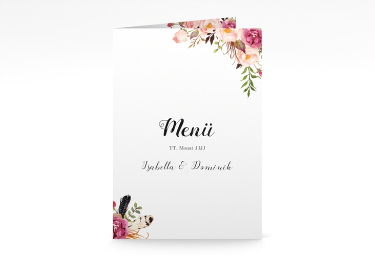 Menükarte Hochzeit Flowers A5 Klappkarte hoch weiss mit bunten Aquarell-Blumen