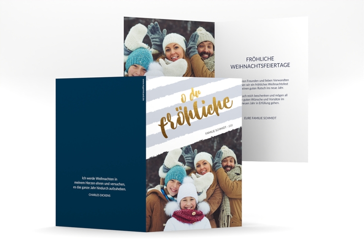 Weihnachtskarte Weihnachtslied A6 Klappkarte hoch blau hochglanz gestreift mit Familienfoto