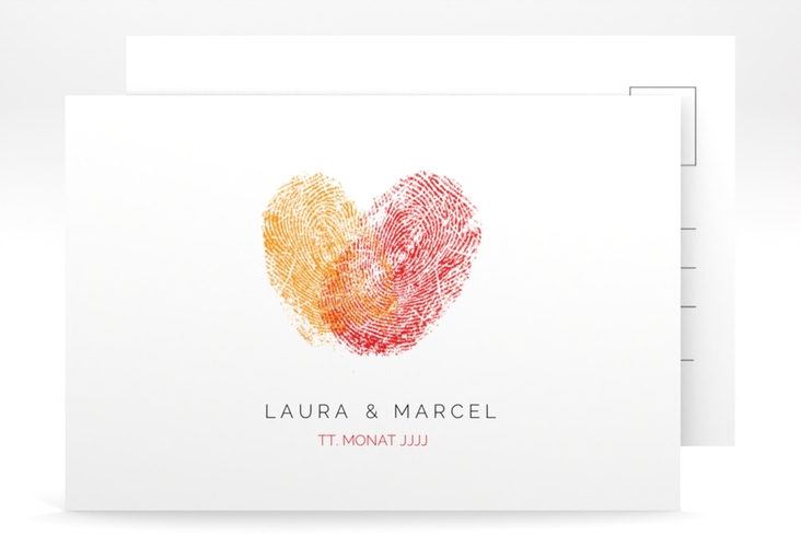 Verlobungskarte Hochzeit Fingerprint A6 Postkarte rot schlicht mit Fingerabdruck-Motiv