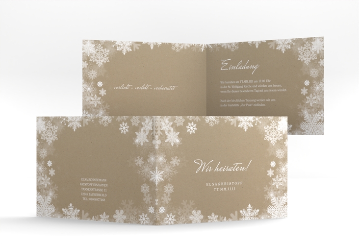 Hochzeitseinladung Snowfall A6 Klappkarte quer Kraftpapier mit Schneeflocken für Winterhochzeit