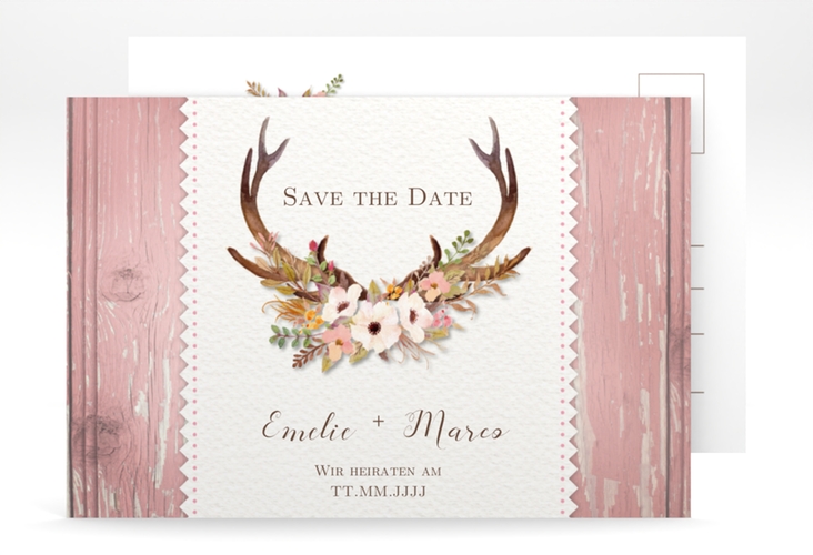 Save the Date-Postkarte Heimatjuwel A6 Postkarte rosa mit Hirschgeweih und Holz-Hintergrund