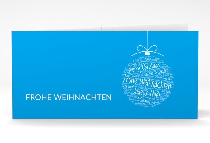 Geschäftliche Weihnachtskarte Wunderkugel lange Klappkarte quer blau hochglanz schlicht mit Weihnachtskugel