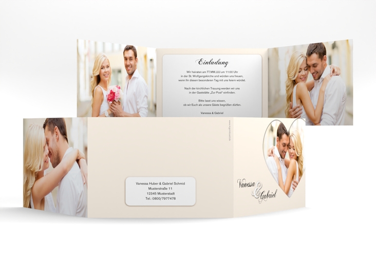 Hochzeitseinladung Sweetheart A6 Doppel-Klappkarte beige