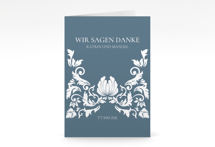 Danksagungskarte Hochzeit Royal A6 Klappkarte hoch blau hochglanz mit barockem Blumen-Ornament