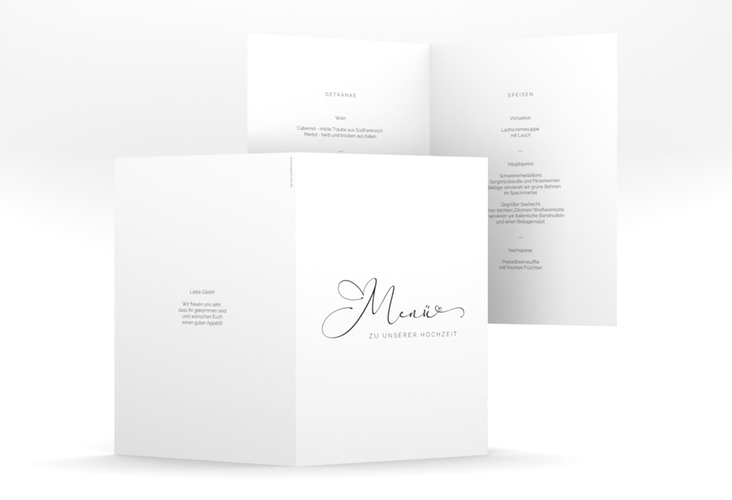 Menükarte Hochzeit Jawort A5 Klappkarte hoch weiss modern minimalistisch mit veredelter Aufschrift