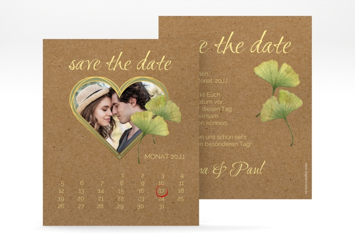 Save the Date-Kalenderblatt Ginko Kalenderblatt-Karte hochglanz mit Herz und zwei Ginkgo-Blättern